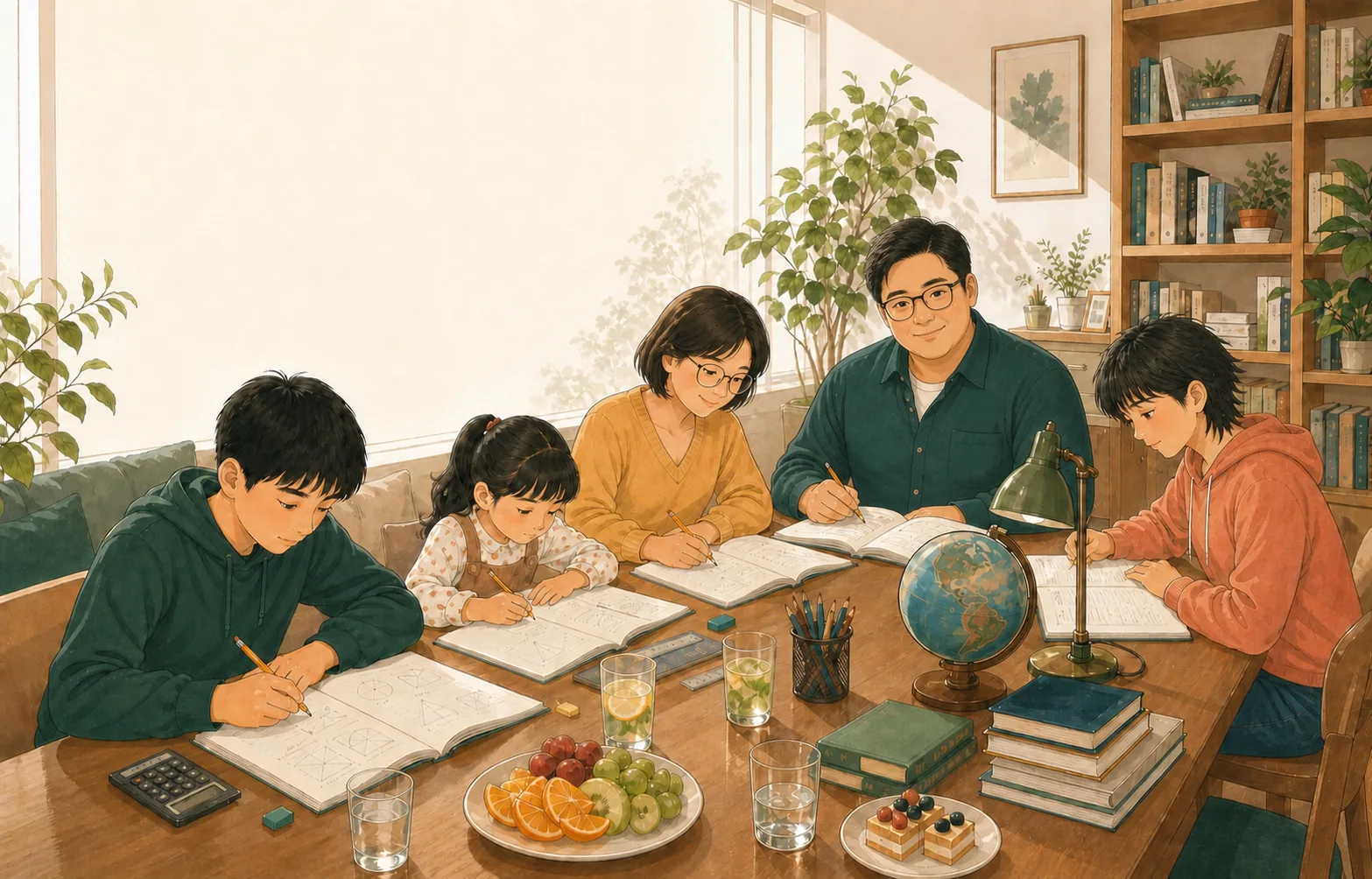 一家人在学习吧台前阅读和练习